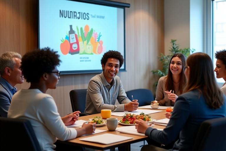 Équipe engagée participant à un atelier sur la nutrition en entreprise